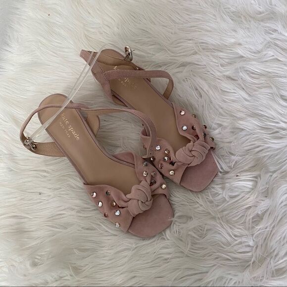 NEW! Kate Spade Emilia pink blush studs suede chunky heels sandals 7.5M
